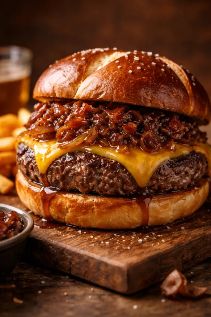 Burger with caramelized onions and bacon jam on a pretzel bun