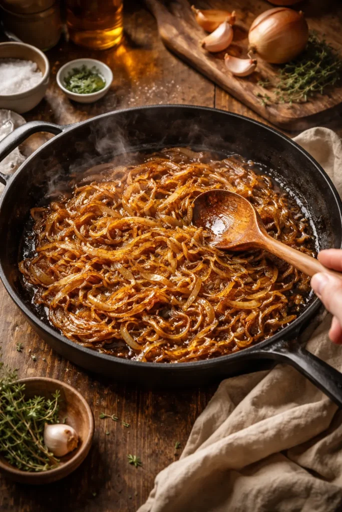 Caramelized onions in a skillet on a warm kitchen stove