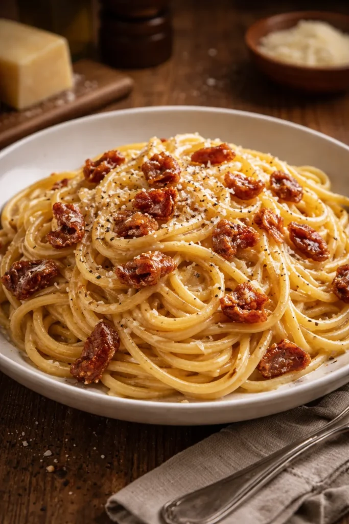 Creamy carbonara with guanciale on spaghetti