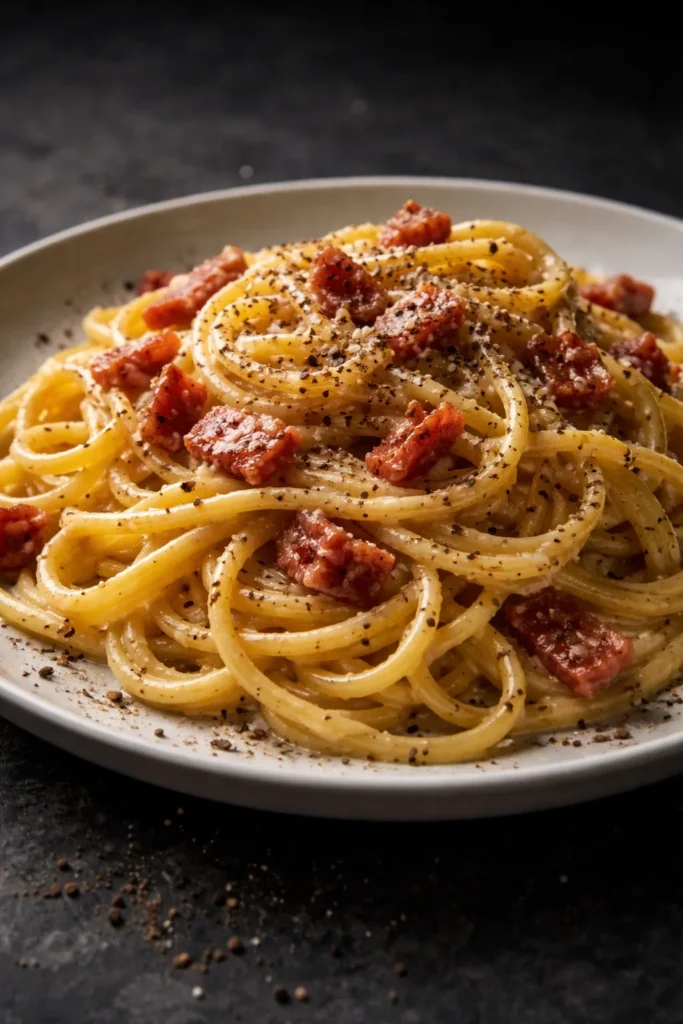 Silky carbonara-style pasta with crispy bacon and pepper