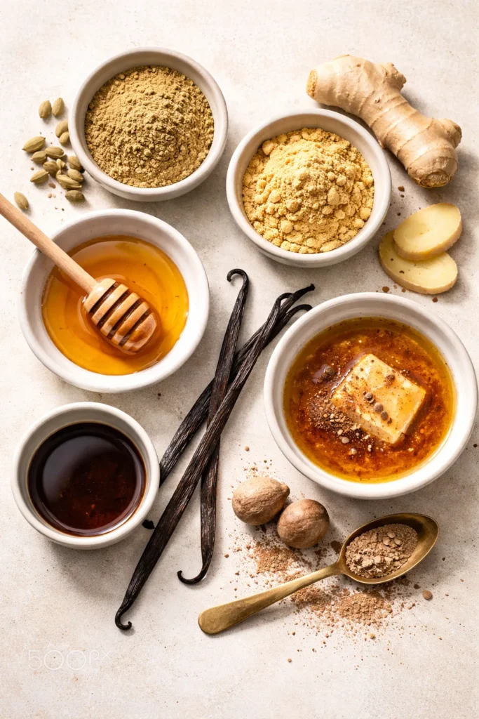 Assortment of flavor variation ingredients for peach cobbler