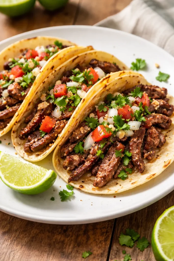 Carne asada tacos with charred steak in tortillas