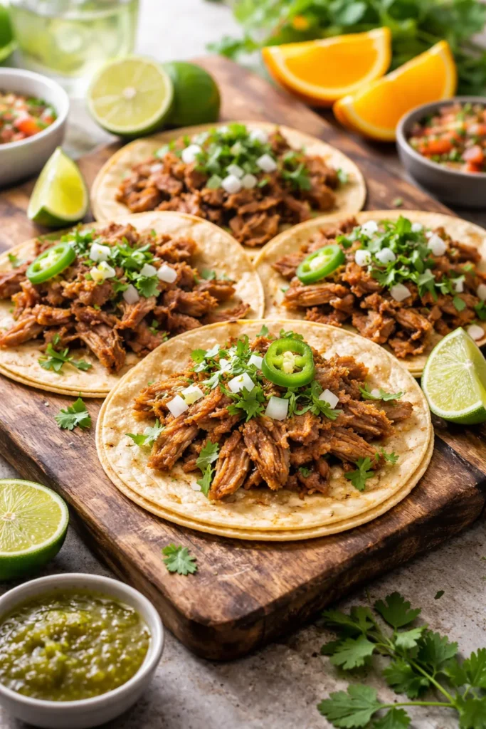 Shredded carnitas on corn tortillas ready to serve