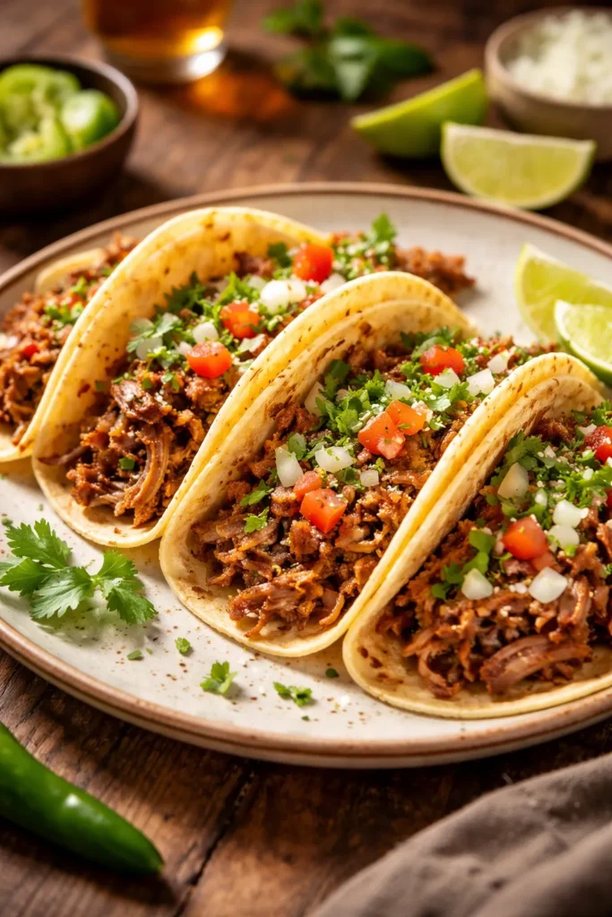 Close-up of shredded carnitas in a tortilla