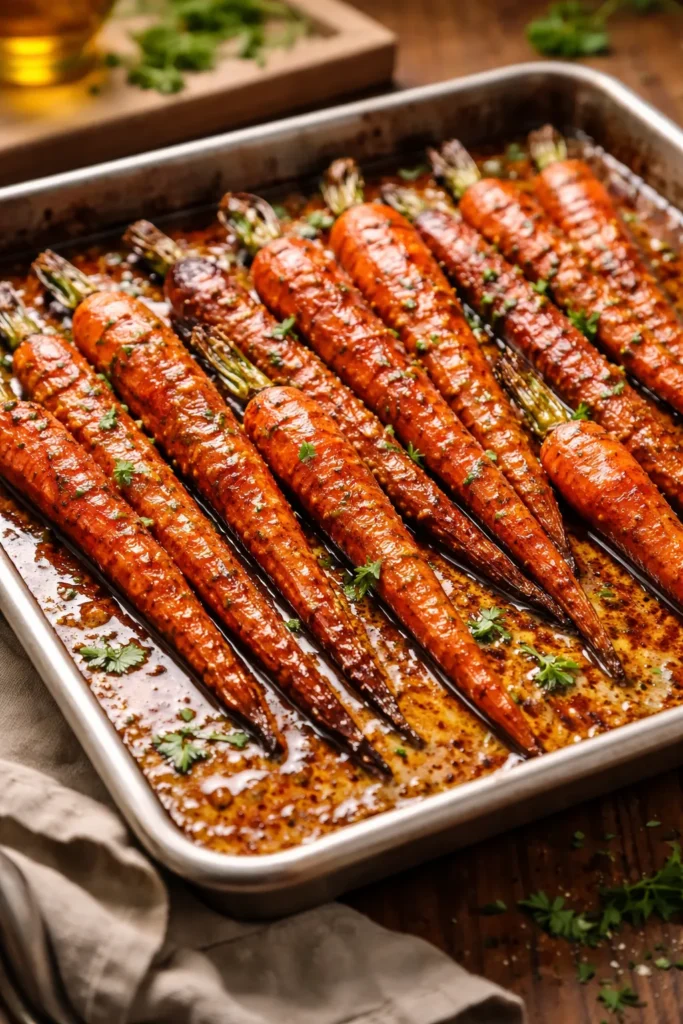 Carrots glazed with harissa-maple on sheet pan