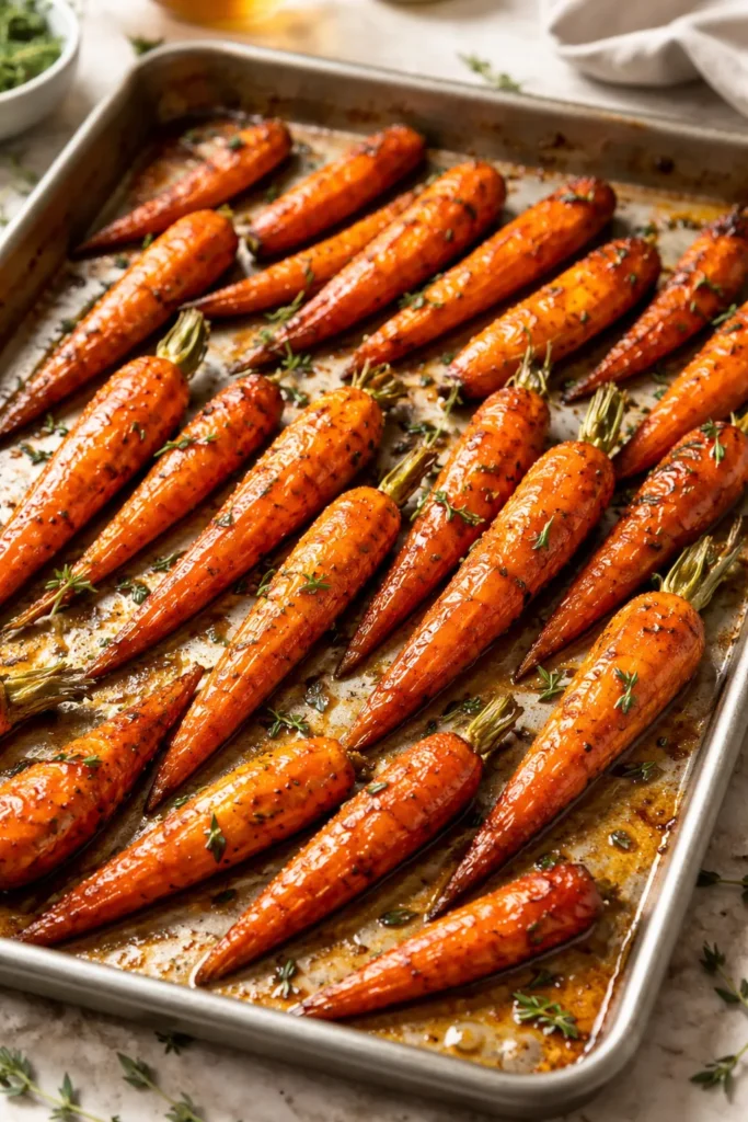 Carrots roasted with honey glaze and thyme on a baking sheet
