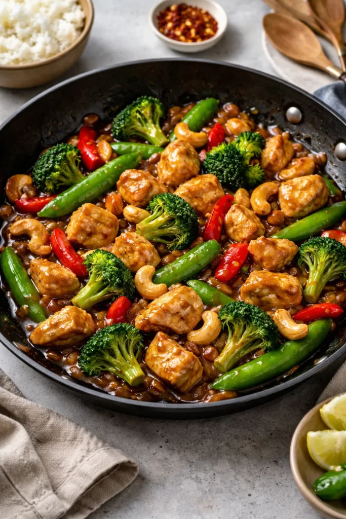 Close-up of cashew chicken stir-fry with chicken, vegetables, and glossy sauce