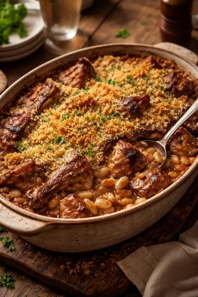 Rustic cassoulet with white beans and meat under a golden breadcrumb crust in a ceramic dish.
