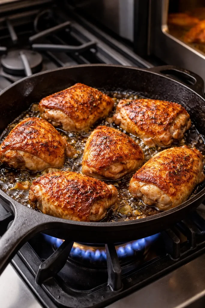 Cast iron chicken thighs browning in a skillet on the stove with crisp skin.