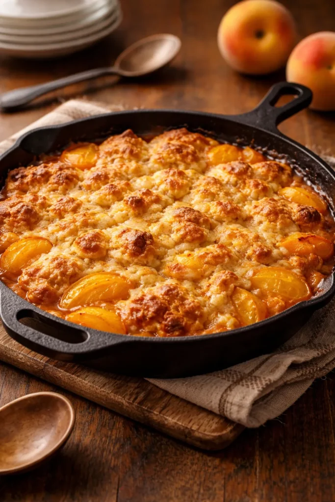 Cast iron skillet with bubbling peach cobbler