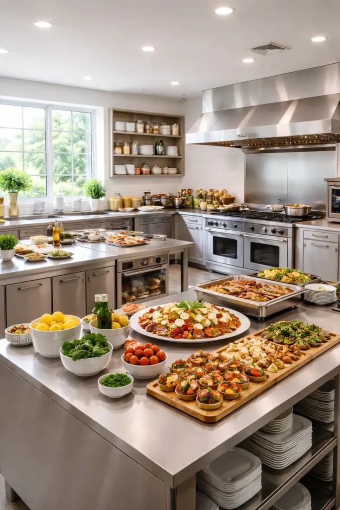 Modern venue kitchen with built-in appliances and stainless counters