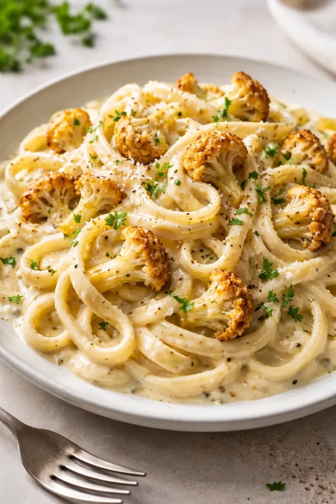 Fettuccine in creamy cauliflower Alfredo sauce with roasted cauliflower