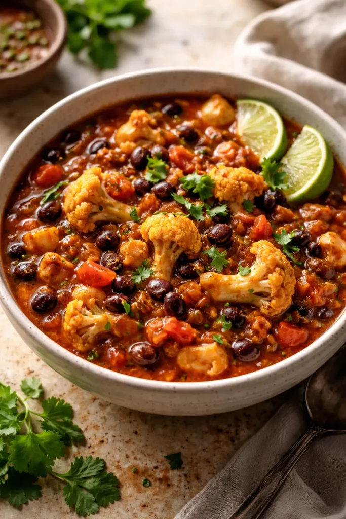 Bowl of cauliflower chili with black beans and vegetables