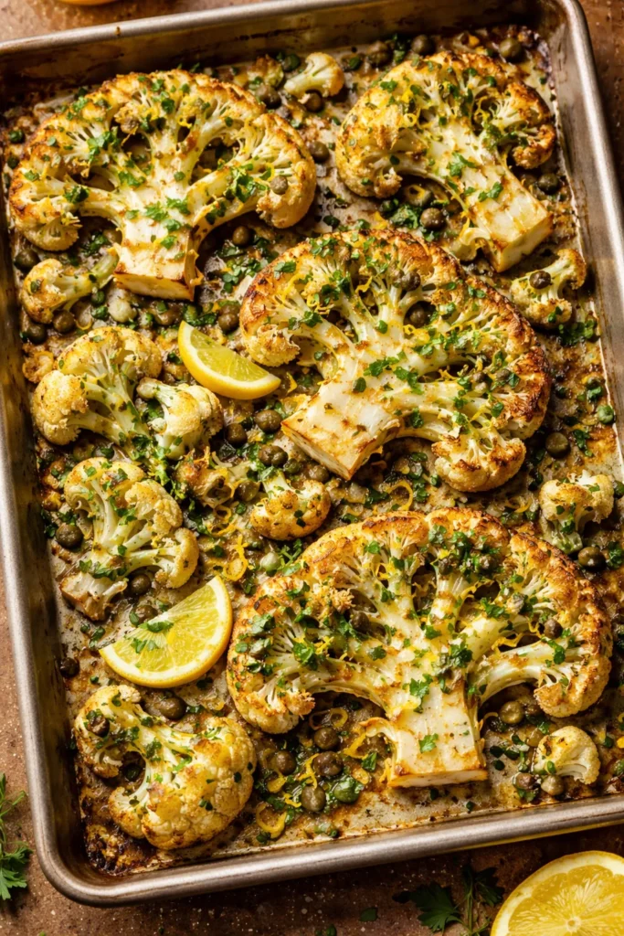 Cauliflower steaks and florets roasted golden with lemon caper herbs