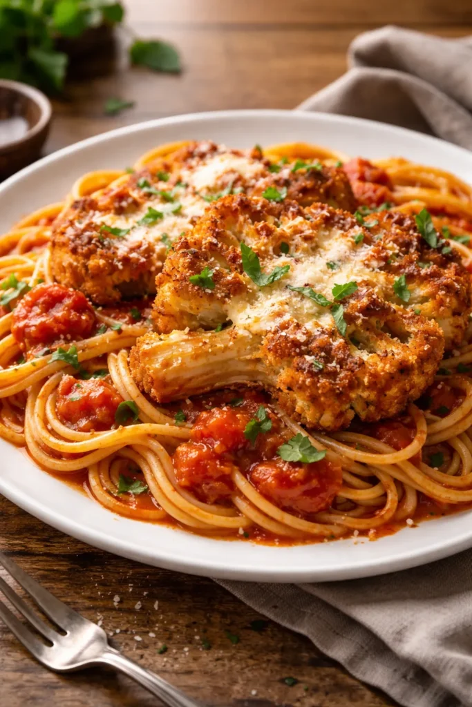 Close-up of cauliflower parmesan with pasta on a plate