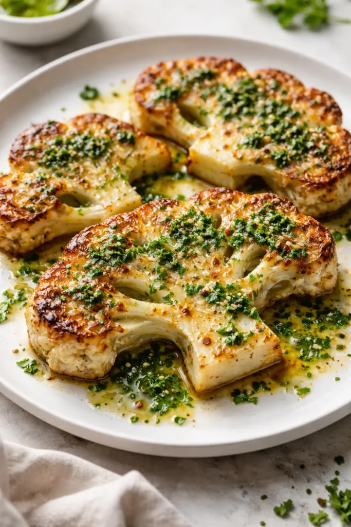 Parmesan crust cauliflower steaks with herb oil
