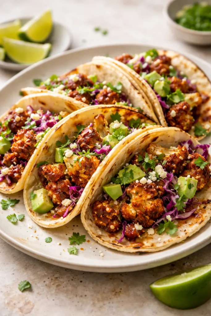 Cauliflower tacos with chipotle glaze on plate