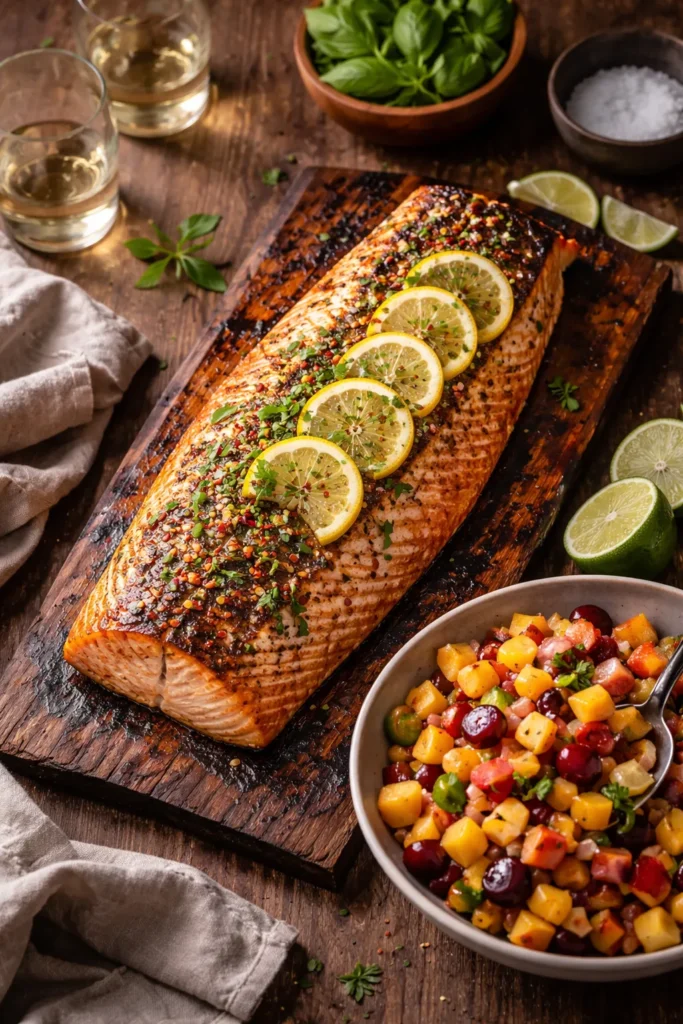 Salmon on cedar plank with stone fruit salsa