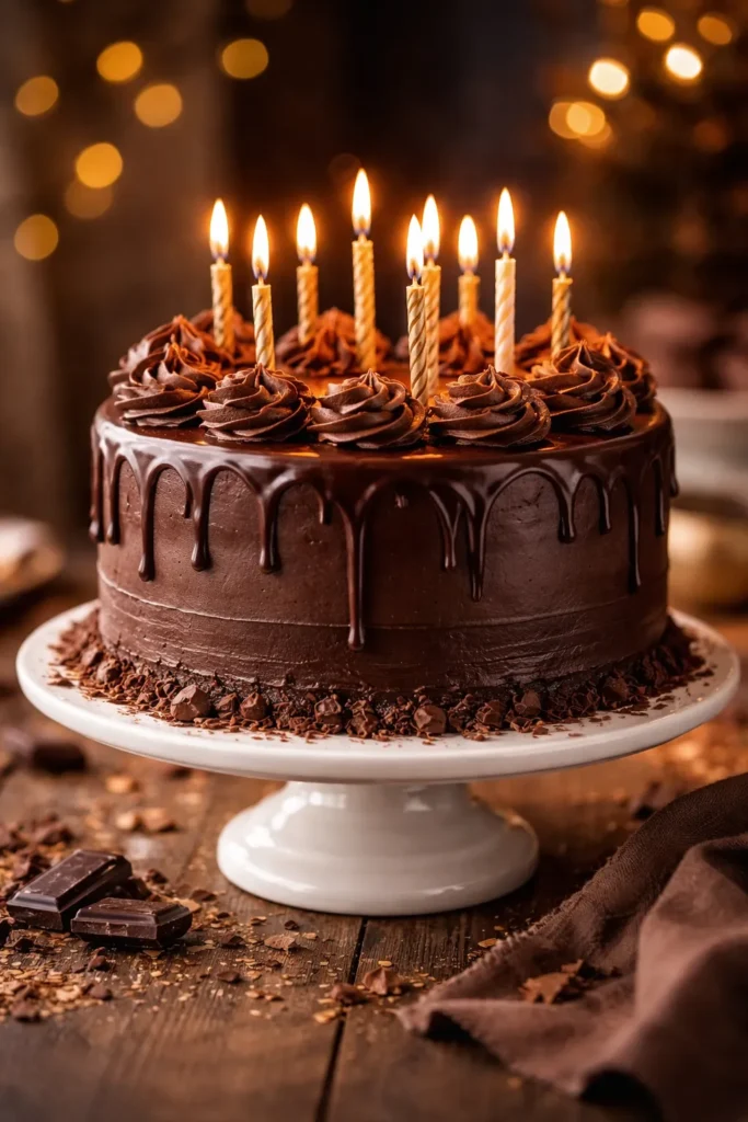 Close-up of a glossy chocolate ganache cake on a pedestal with candles