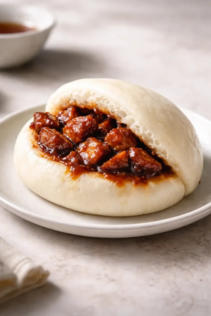 Half-open char siu pork bao with glossy filling on neutral plate