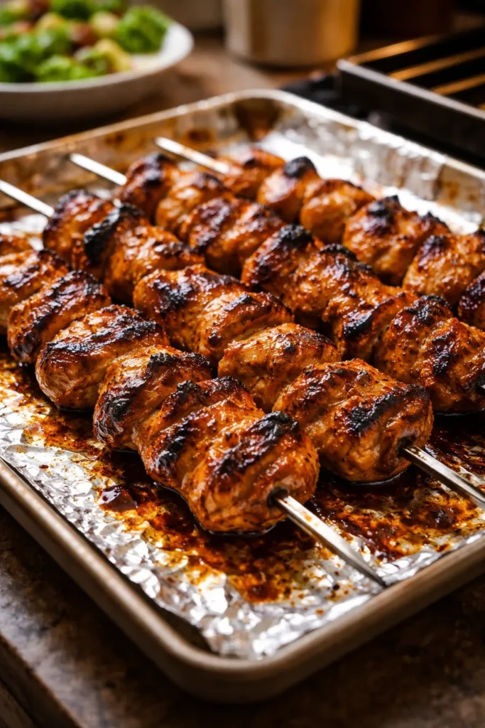 Charred chicken skewers on a foil-lined sheet with dark edges from broiling