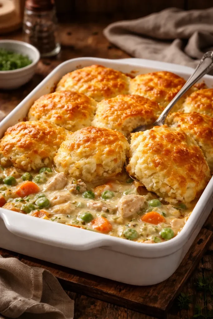 Creamy chicken with melted cheddar biscuits on top