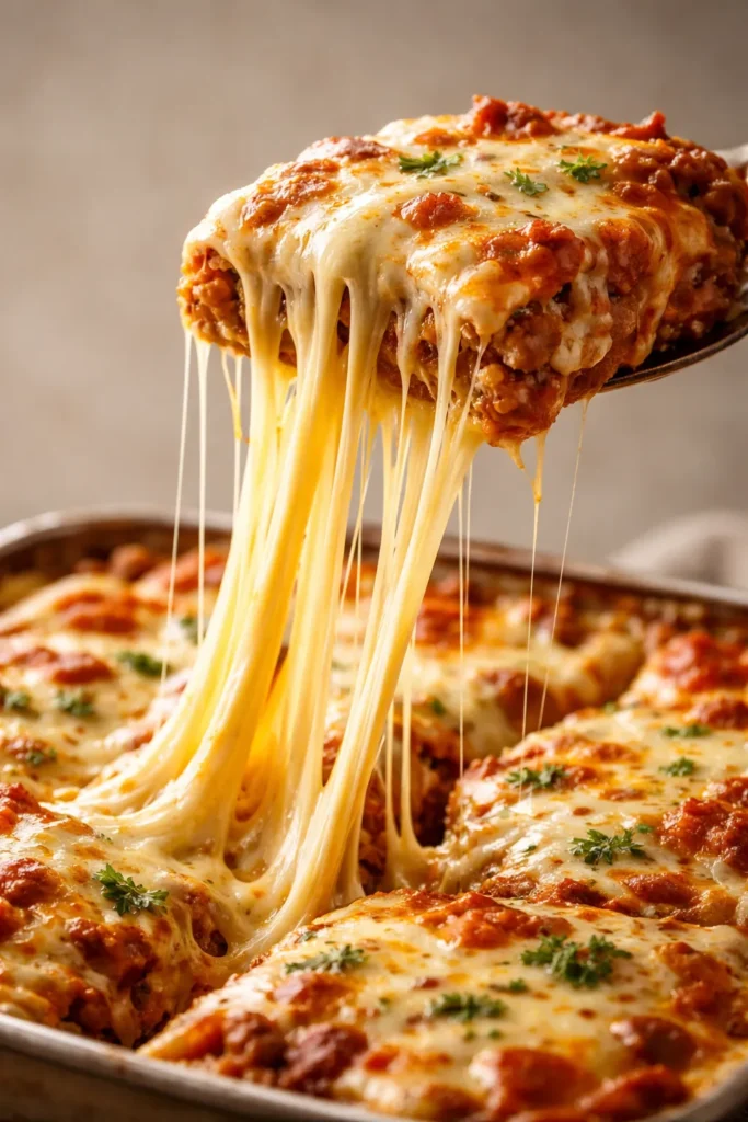 Macro cheese pull from lasagna showing long molten cheese strand