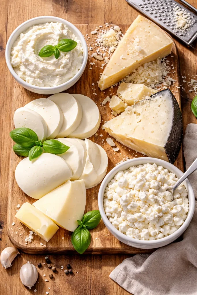 Assorted cheeses for stuffed shells arranged on a wooden board