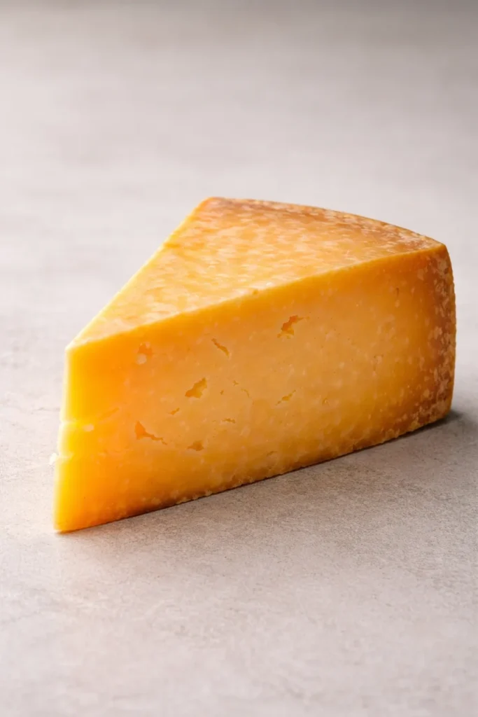 Single wedge of yellow-orange cheese on neutral background