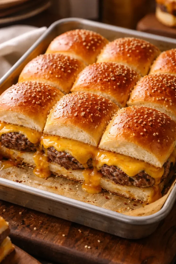 Close-up of Classic Cheeseburger Sliders with melted cheese on a sheet pan