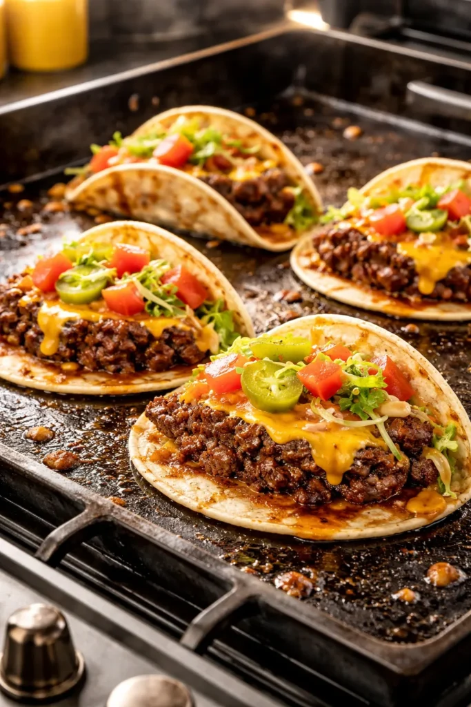 Close-up of smashed cheeseburger tacos with melted cheese in a tortilla
