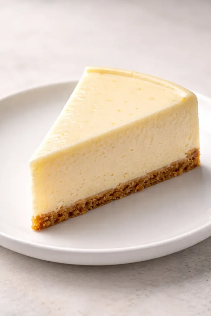 Dense creamy cheesecake slice with lemon zest on a plate