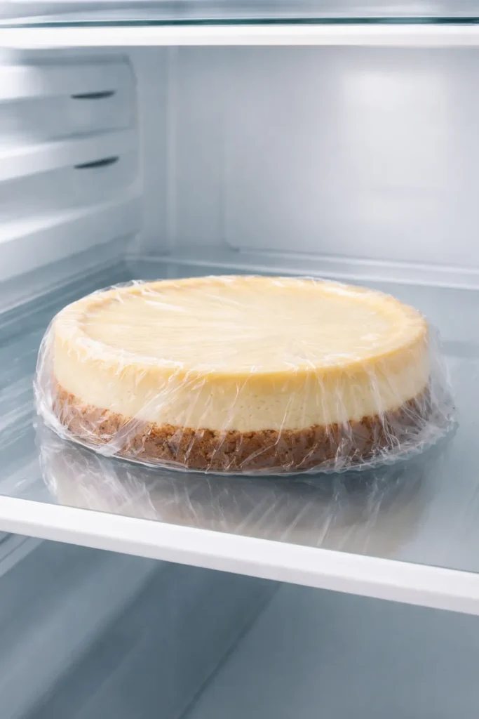 Cheesecake wrapped in plastic wrap in refrigerator