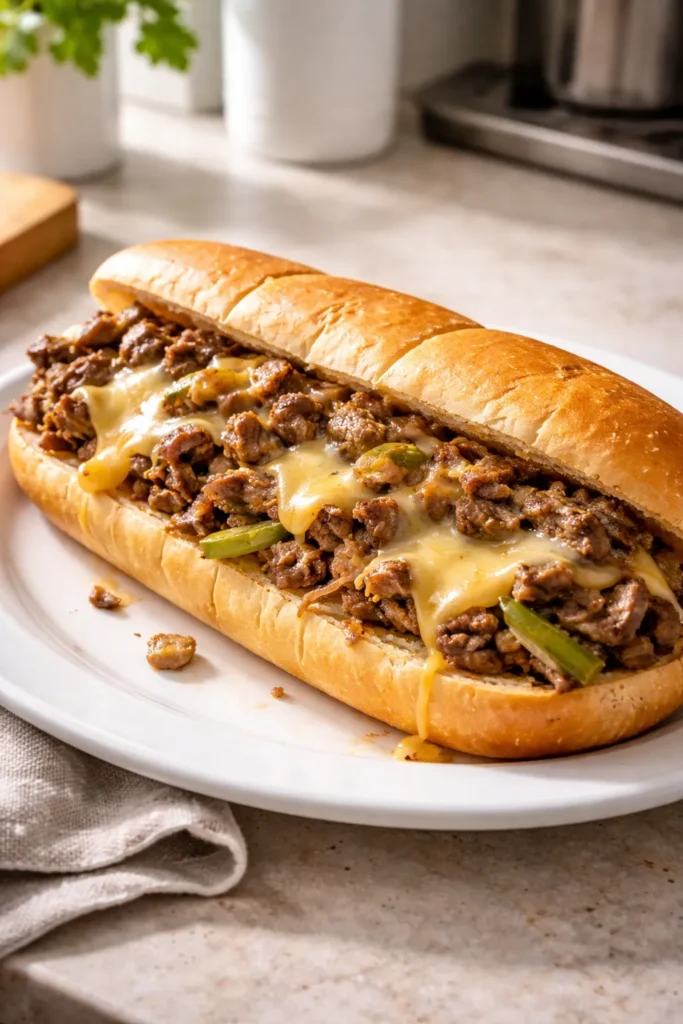 Philly cheesesteak sandwich with melted cheese on a hoagie roll