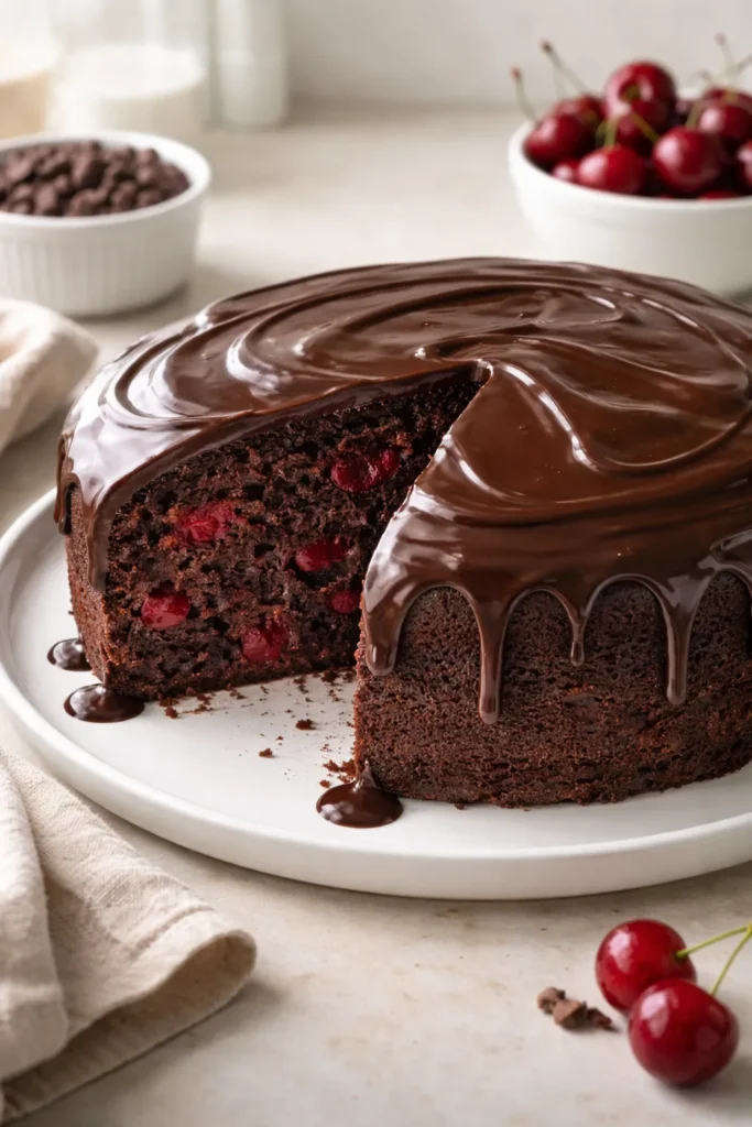 Close-up of chocolate cake with glossy ganache and visible cherry interior
