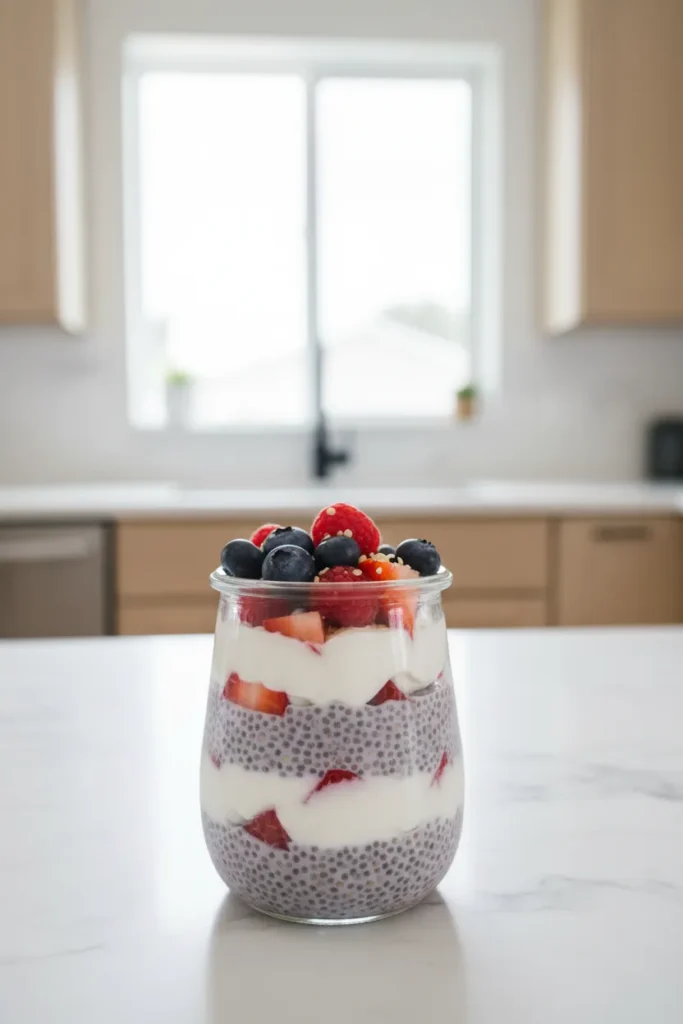 Chia seed and Greek yogurt parfait topped with fresh berries