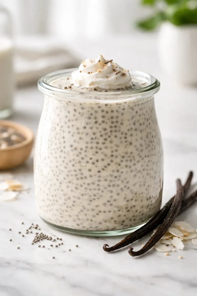 Glass jar of vanilla chia seed pudding with visible chia seeds