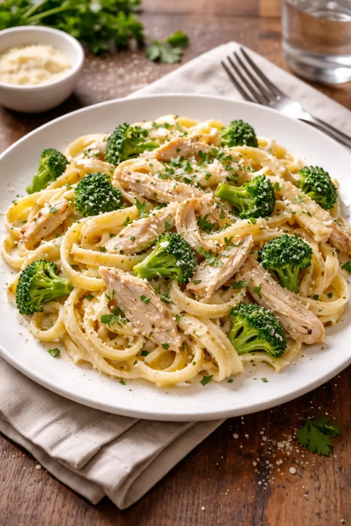 Creamy chicken alfredo pasta with rotisserie chicken and broccoli