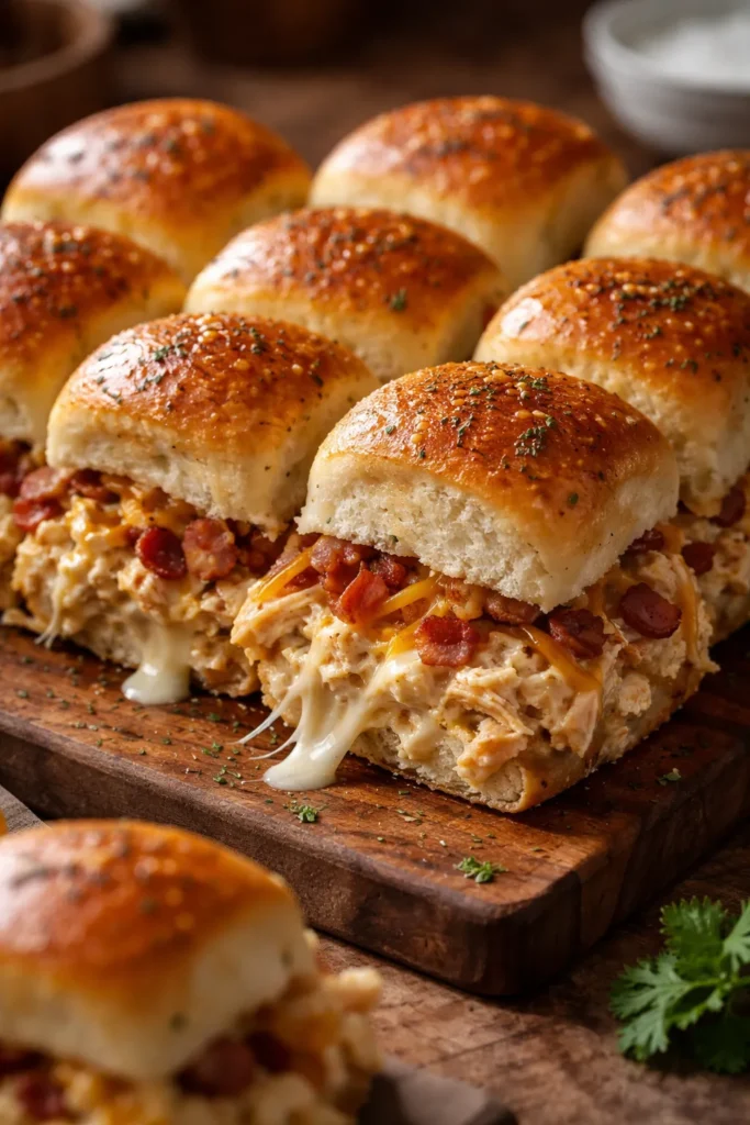 Close-up of chicken bacon ranch sliders on a wooden board with melted cheese and crispy bacon