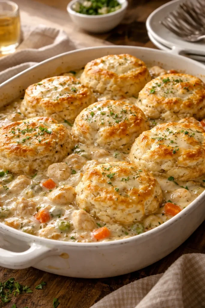 Creamy chicken and biscuits with white wine gravy in a baking dish