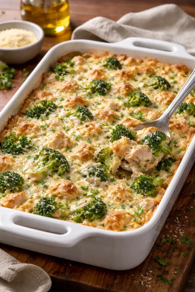 Casserole with chicken, broccoli, and melted mozzarella topping