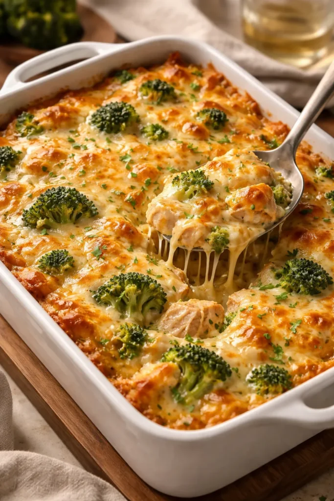Creamy chicken broccoli casserole with melted cheese topping