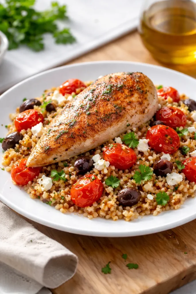 Chicken with bulgur pilaf and tomatoes on plate