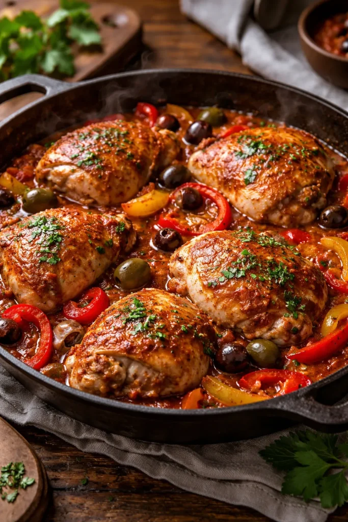 Chicken cacciatore without pasta: braised chicken thighs with peppers and olives