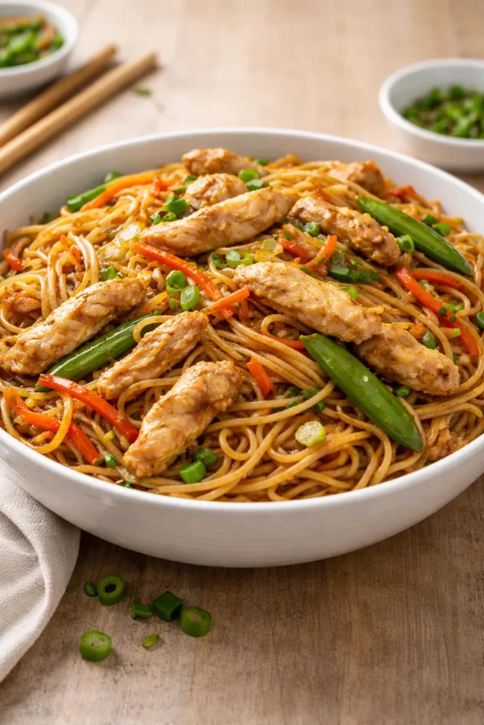 Close-up of chicken chow mein with crispy noodles in a white bowl