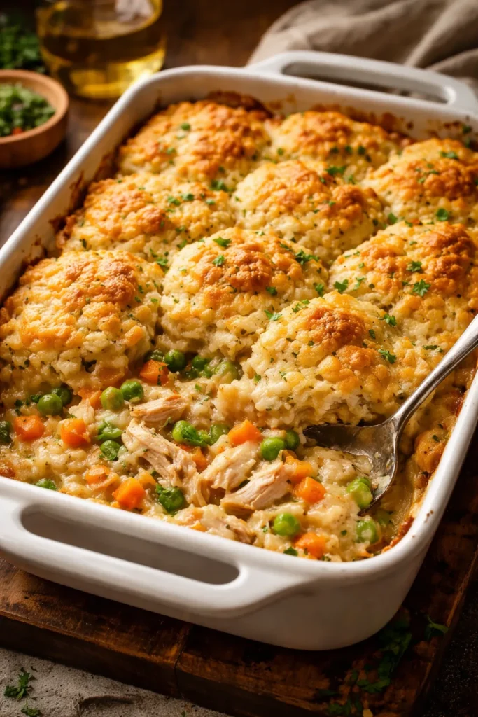 Rustic chicken cobbler in a baking dish with peas, carrots and a golden biscuit topping