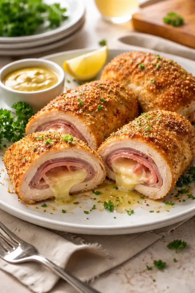 Sliced Chicken Cordon Bleu showing ham and cheese inside