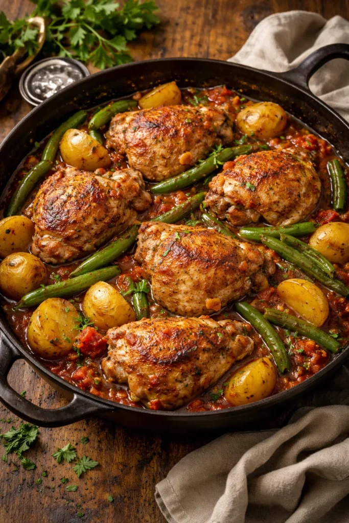 Chicken thigh dinner with potatoes and green beans in tomato herb sauce