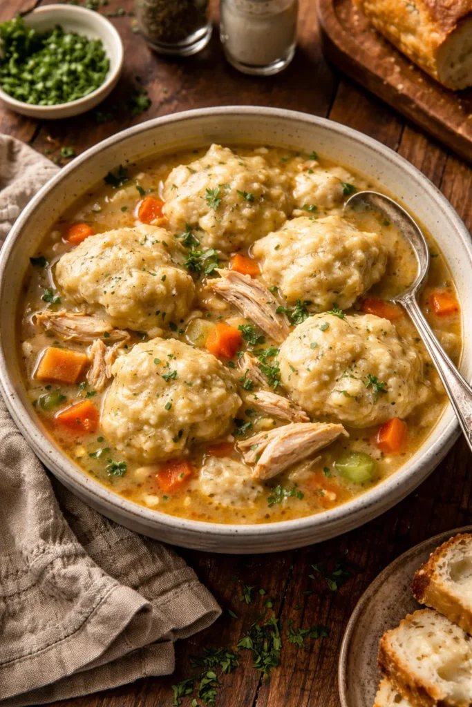 Bowl of chicken and dumplings with dumplings and broth