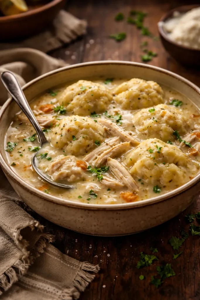 Creamy chicken and dumplings in a rustic bowl